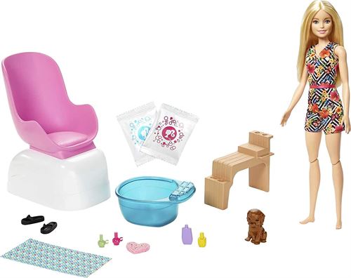 Barbie Mani-Pedi Spa Playset, Blonde Barbie Doll, Puppy, Fizzy Packs & Color-Cha