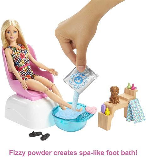 Barbie Mani-Pedi Spa Playset, Blonde Barbie Doll, Puppy, Fizzy Packs & Color-Cha