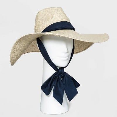 Women's Wide Brim Straw Fedora Hat with Ties - A New Day Light Natural