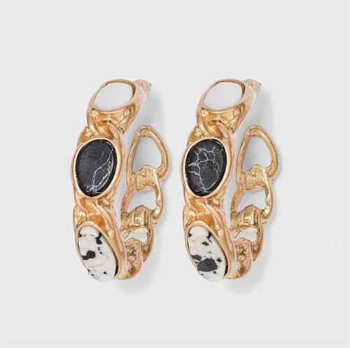 Black Howlite and Dalmatian Jasper Semi-Precious Curb Chain Hoop Earrings - Univ
