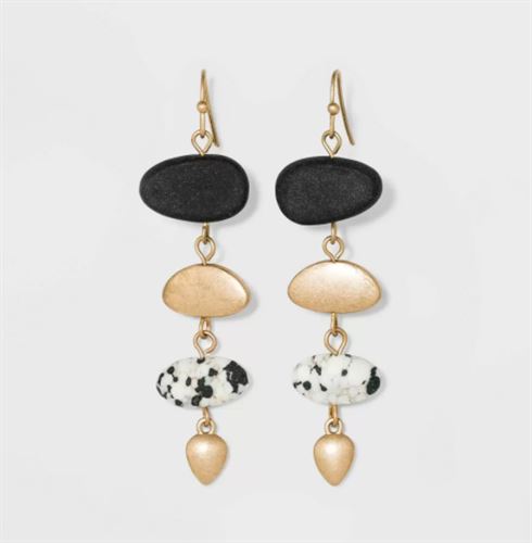 Organic Shape Stone with Semi-Precious Dalmatian Jasper Bead Drop Earrings - Uni