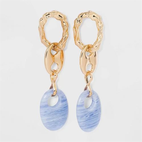 Textured Chain Link with Semi-Precious Bead Drop Earrings - A New Day Light Blue