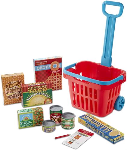 Melissa & Doug Fill and Roll Grocery Basket Play Set With Play Food Boxes and Cans (11 pcs)