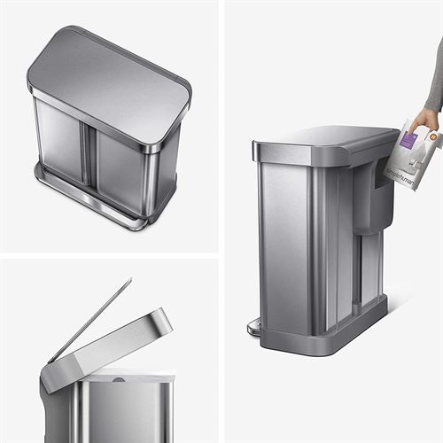 simplehuman 58 Liter / 15.3 Gallon Rectangular Hands-Free Dual Compartment Recycling Kitchen Step Trash Can with Soft-Close Lid