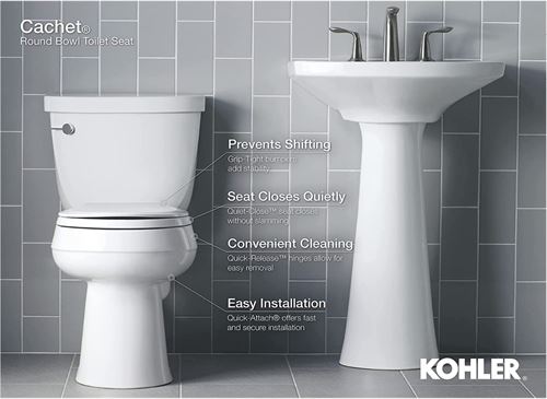 KOHLER K-4639-0 Cachet Quiet Close Toilet Seat, White, Round