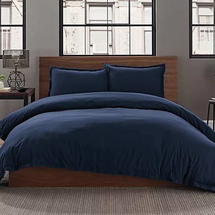 Garment Washed Solid Full/Queen Duvet Cover Set in Navy