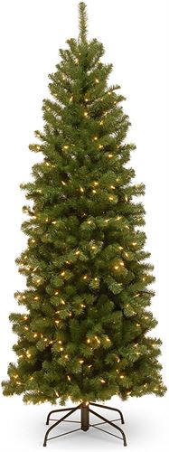 National Tree Company Pre-Lit Artificial Slim Christmas Tree, Green, North Valley Spruce, White Lights, Includes Stand - 120V