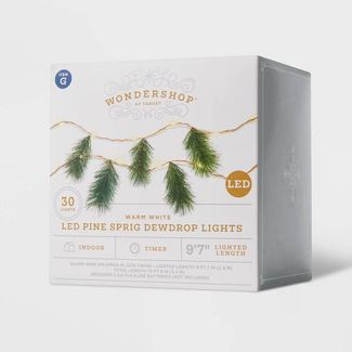 30ct LED Pine Sprig Dew Drop Battery Operated Lit Christmas Garland Warm White with Silver Wire - Wondershop™