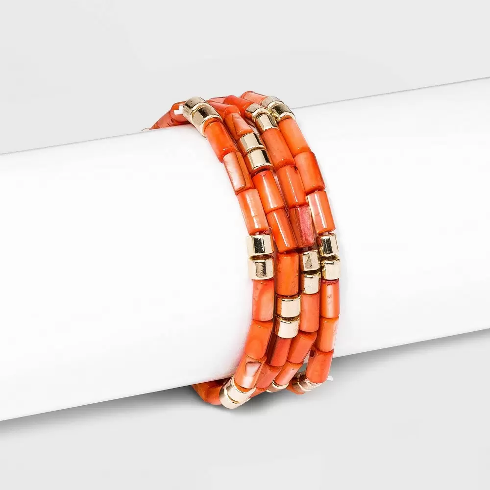 A New Day Shell Beaded Stretch Multi-Strand Bracelet Set 4Pc in Orange