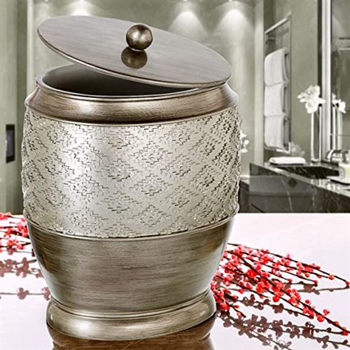 Dublin Bathroom Trash Can with Lid - Decorative Resin Small Garbage Can Wastebasket Bin for Diaper / Paper (Brushed Silver)