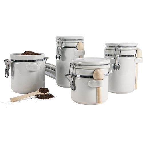 Anchor Hocking White Ceramic Canister Set with Wooden Spoons, 4 Canister Set