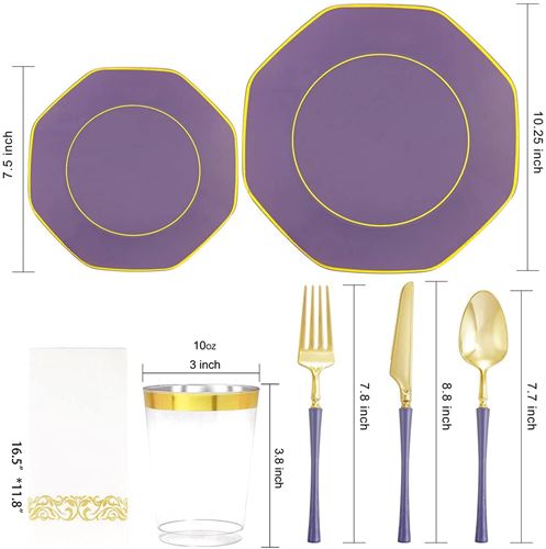 KIRE 20 Guests Purple Plastic Plates with Disposable Plastic Silverware with Purple Handle&Clear Gold Cups&Hand Napkin