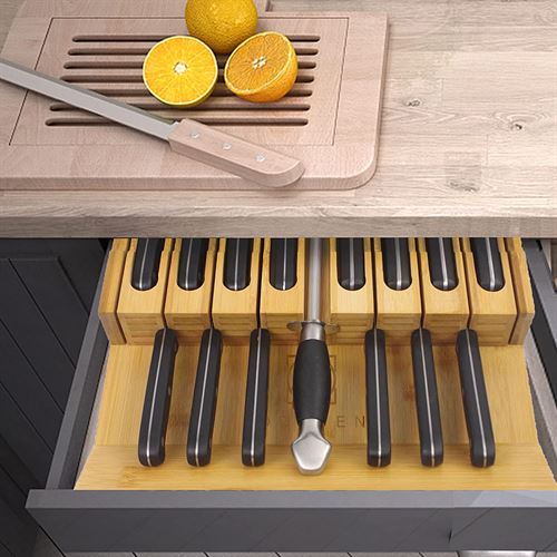 Bamboo cutlery holder in drawer