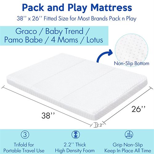 Pack and Play Mattress, Trifold Foldable Travel Pack n Play Mattress Pad