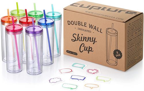 Cupture Skinny Cold Cup with Straw, 18 oz, Set 8