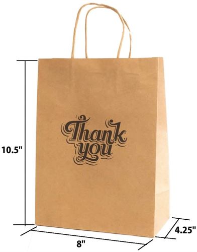 100 Pack 8x4.75x10 inch Plain Medium Paper Bags with Handles Bulk