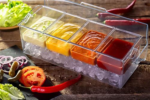 PIKANTY Condiment Server Caddy on Ice with Hinged Lid (4 Serving Tongs and Tray for Drinks included) Made in USA
