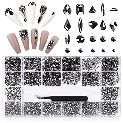 3100Pcs Professional Black Nail Rhinestones Kit EBANKU Nail Art Crystal Rhinestones for Nails