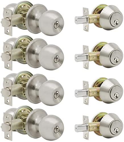 Probrico Entry Door Lever with Deadbolts Satin Nickel 4 Pack Silver
