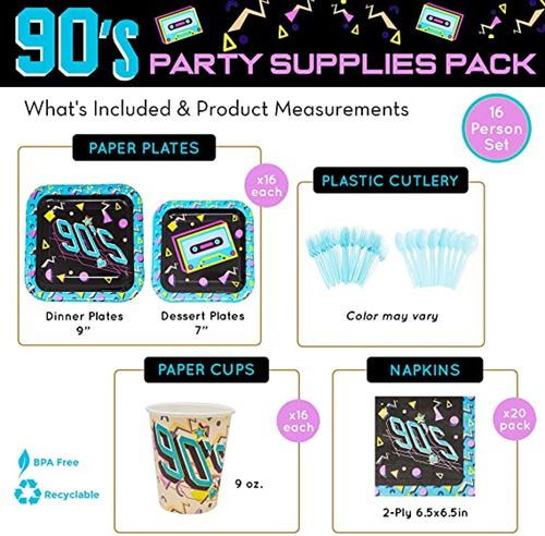 Blue Orchards 90s Party Supplies (For 16 Guests), Neon Retro Party Plates, 90s Theme Party Decorations