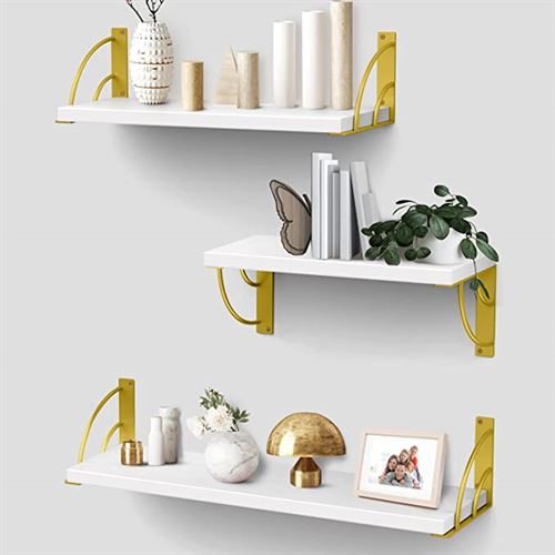 White Floating Shelves for Wall,Wall Shelves with Yellow Golden Metal Brackets-White Shelves Set of 3