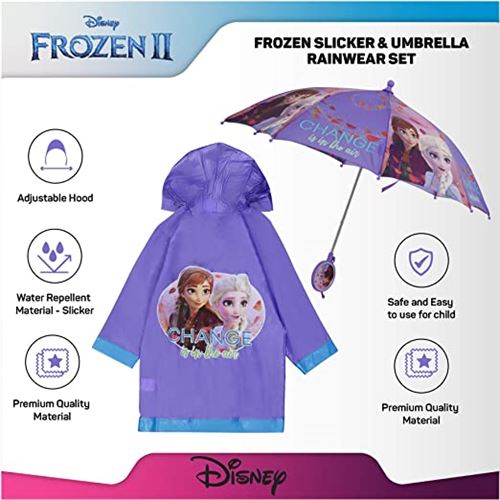 Disney Kids Umbrella and Slicker, Frozen Elsa and Anna Toddler and Little Girl Rain Wear Set