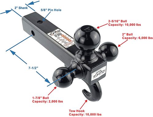 TOPTOW Trailer Receiver Hitch Tri Ball Mount with Hook Black Balls Fits for 2 inch Receiver