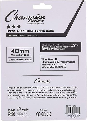 Champion Sports Tournament 3 Star Table Tennis Balls - 6 Pack