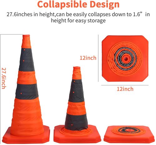 Sunnyglade [4-Pack] 71cm  Collapsible Traffic Cones with LED Light