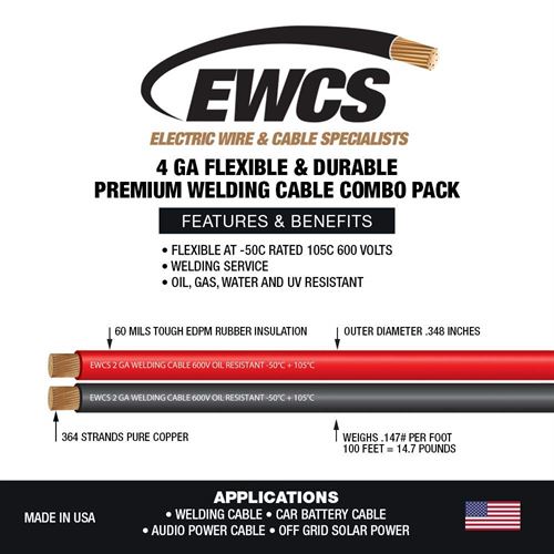 EWCS 4 Gauge Premium Extra Flexible Welding Cable 600 Volt Combo Pack - 15 Feet of Each Color
