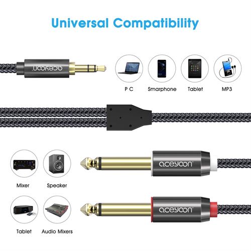 3.5mm to Dual 1/4 Cable 16ft, Braided 3.5mm 1/8 TRS to Dual 6.35mm 1/4 TS Mono Breakout Cable Y Splitter Stereo Cord