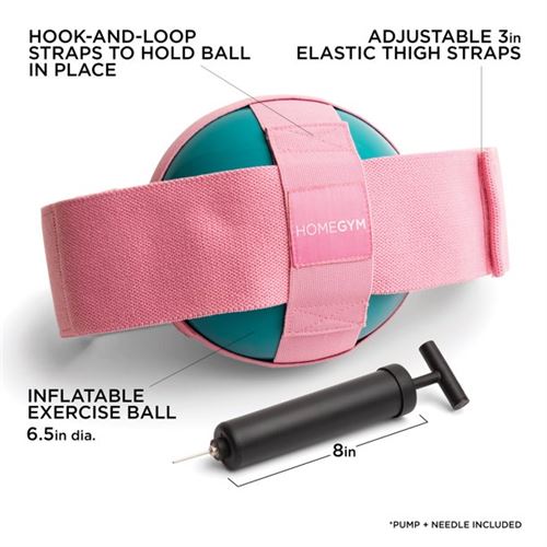 HomeGym Thigh Toner with Adjustable Elastic Strap, Inflatable 3-pound Rubber Workout Ball and Air Pump, Pink Teal