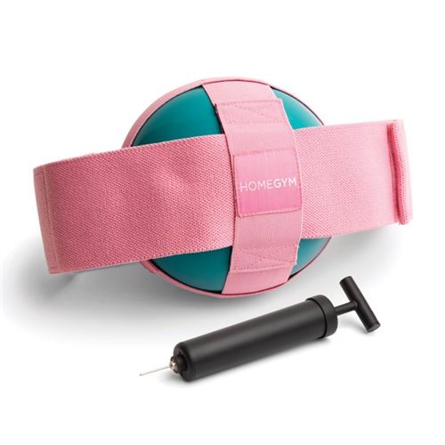 HomeGym Thigh Toner with Adjustable Elastic Strap, Inflatable 3-pound Rubber Workout Ball and Air Pump, Pink Teal
