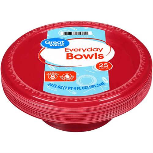 Great Value Everyday Disposable Plastic Bowls, Red, 591 ml, 25 Count