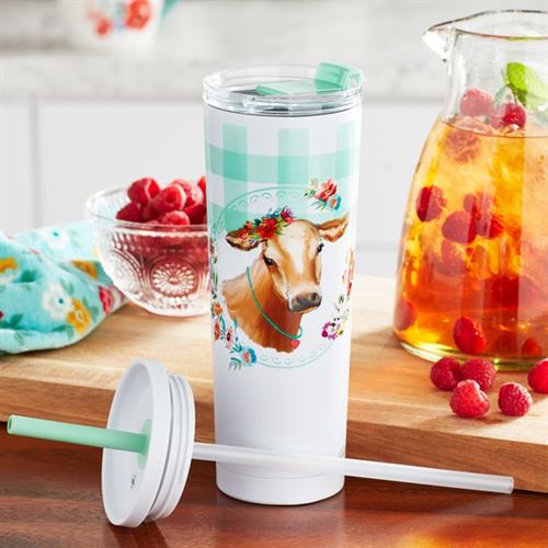 The Pioneer Woman Stainless Vacuum Insulated Tumbler with Hot & Cold Lids, Gingham Cow