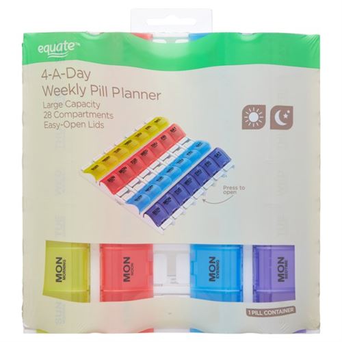 Equate 4-A-Day Weekly Large Pill Planner, Easy Open Pill Organizer