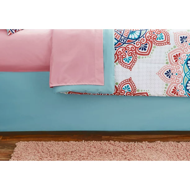 Mainstays Pink and Teal Medallion 8 Piece Bed in a Bag Comforter Set With Sheets, Full