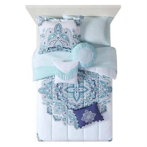 Mainstays Medallion Printed Bed-in-a-Bag with Sheet Set, Queen, Teal, 10 Pieces