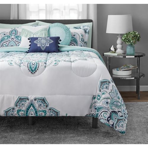 Mainstays Medallion Printed Bed-in-a-Bag with Sheet Set, Queen, Teal, 10 Pieces