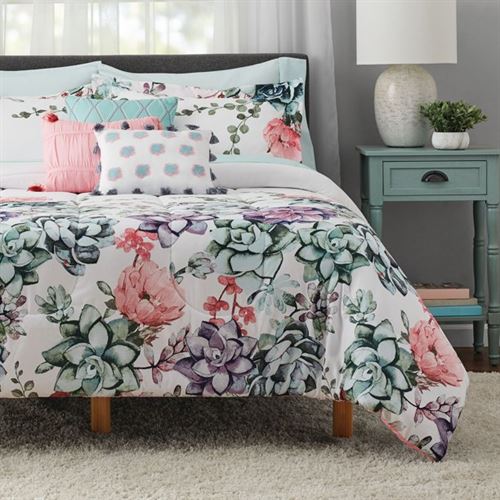 Mainstays White Floral 10 Piece Bed in a Bag Comforter Set with Sheets, Full