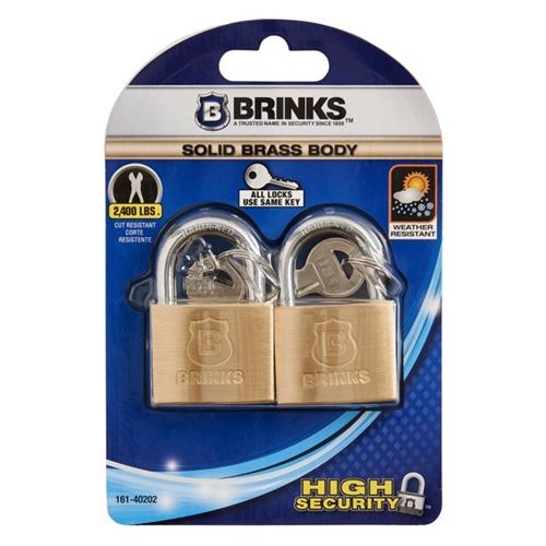 Brinks Solid Brass Padlock, 40mm Body with 7/8 inch Shackle, 2 Pack Keyed-Alike