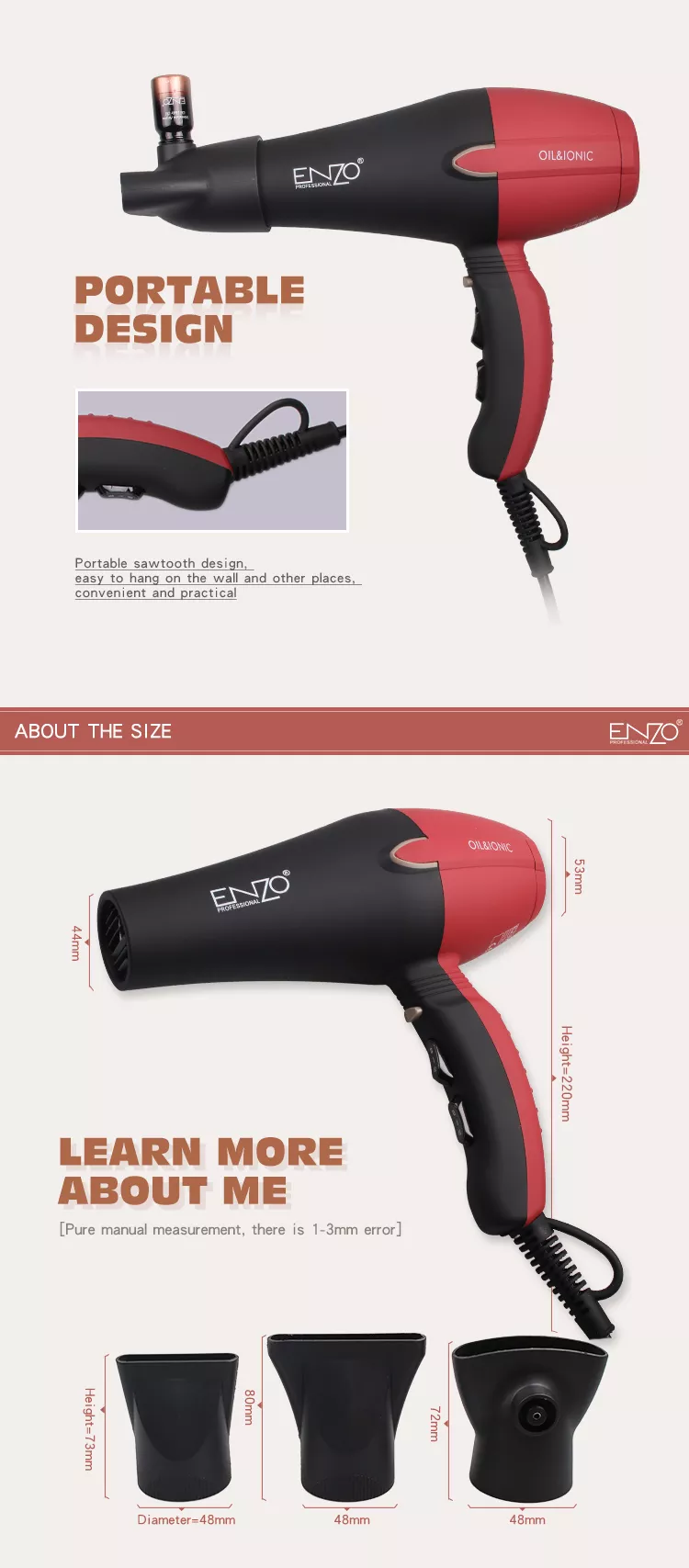 ENZO Top fashion custom hot air electric optional essential oil professional salon turbo hair blow dryer