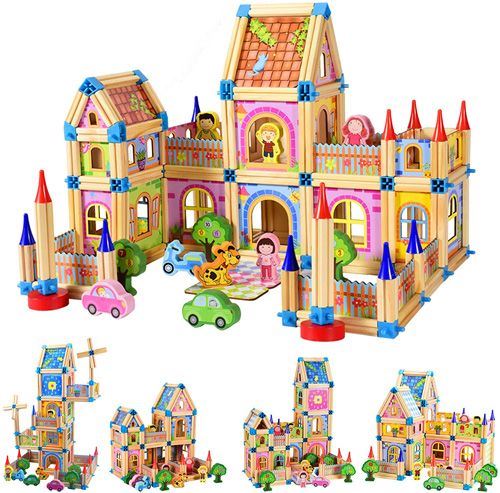 Building blocks set for children Wooden castle cubes in architecture, luxury of wood for children