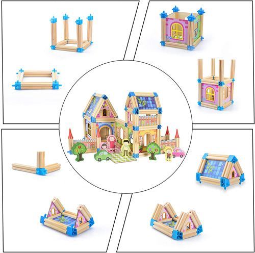 Building blocks set for children Wooden castle cubes in architecture, luxury of wood for children