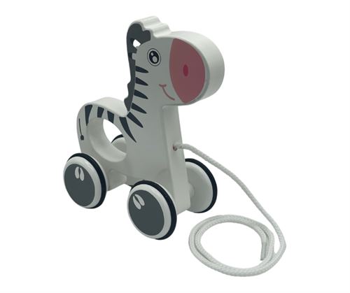 Mobile zebra toy with wheels and rope