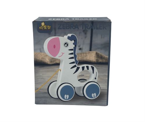 Mobile zebra toy with wheels and rope