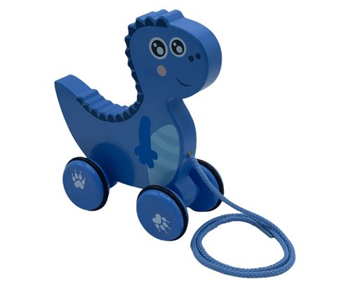 Animatronic dinosaur toy with wheels with a blue rope