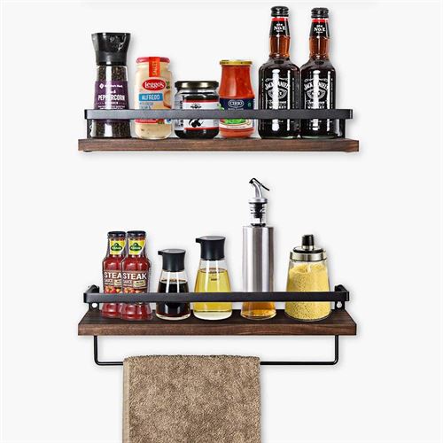 Rustic Floating Wall Shelves with Rails, Set of 2 Wood Wall Storage Shelves for Kitchen, Bedroom, Bathroom, Office (Matte Black)