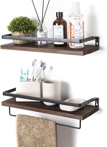 Rustic Floating Wall Shelves with Rails, Set of 2 Wood Wall Storage Shelves for Kitchen, Bedroom, Bathroom, Office (Matte Black)