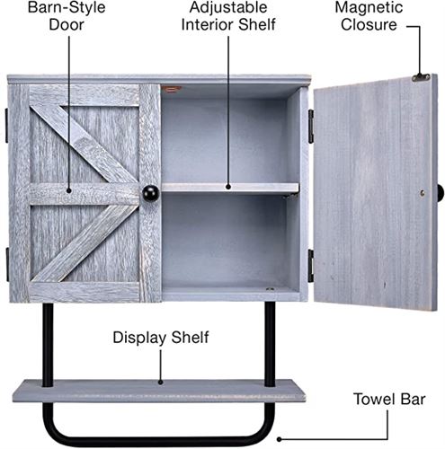 EXCELLO GLOBAL PRODUCTS Barndoor Bathroom Wall Cabinet, Space Saver Storage Cabinet Kitchen Medicine Cabinet with Adjustable Shelf and Towel Bar, Rustic Gray